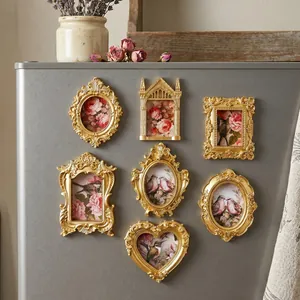 Vintage Gold Magnetic Photo Frame Resin Baroque Relief Picture Frame For Fridge Magnet Home Decor Mini Retro Golden