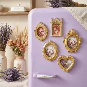 Vintage 3-inch gold magnetic photo frames for refrigerator decoration, 5-piece set