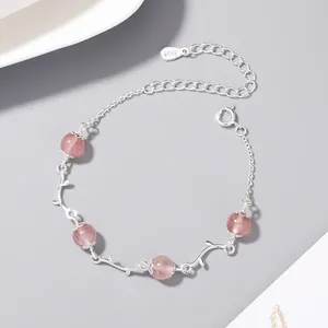 Bracciale Ramo di Fiore Donna Argento Sterling 925 Regolabile Quarzo Fragola Pietra di Luna Gioielli Natura Regalo