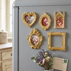 Elegant 3-inch vintage golden magnetic photo frames for refrigerator decoration