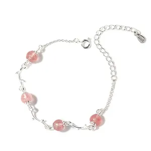 Elegante bracciale a ramo di fiori in argento con perle di quarzo fragola da donna
