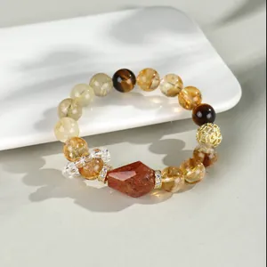 Pulsera de Cuentas de Cristal Citrino Amarillo Natural Multi-Gema para Mujer Lujo Aleación Strass Acento Ojo de Tigre Pulsera Elástica Joyería de Moda de Alta Gama Hecha a Mano