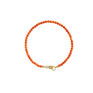 Minimalist natural orange-red Nan Hong agate 3mm beaded bracelet with secure gold clasp