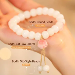 Pink cat paw Bodhi root bracelet with white round beads for women and students
