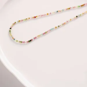 Minimalist natural colorful tourmaline beaded necklace with fine S925 silver clasp