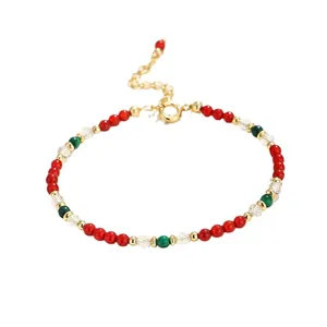 Pulsera de cuentas elegante con ágata roja y malaquita verde en cadena dorada