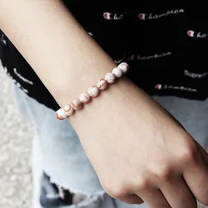 8mm white and red marbled stone bead elastic bracelet for men with comfortable stretch