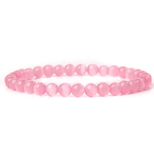 Elegant 6mm pink cat's eye stone bead elastic bracelet with smooth finish for women