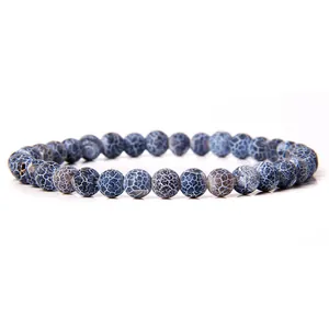 Handmade 6mm blue dragon vein natural stone bead elastic bracelet with matte finish