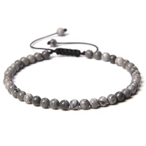 Minimalist 4mm gray marbled stone bead bracelet with adjustable braided black cord