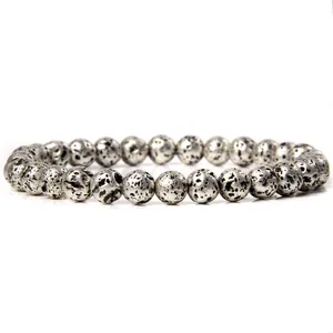 Elegant 6mm silver-tone natural lava stone beaded elastic charm bracelet for women