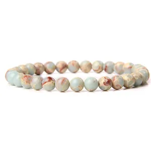 Fashionable 6mm smooth natural stone bead elastic bracelet with red-veined jasper