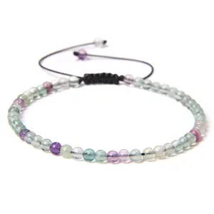 Adjustable 4mm multi-color natural stone bead bracelet with handmade black woven cord