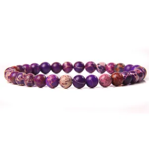 Elegant 6mm purple natural stone bead elastic bracelet for women with marbled patterns