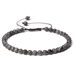 Handmade 4mm gray natural stone bead bracelet with adjustable black woven cord for yoga