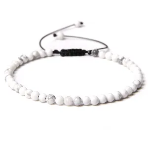 Handmade adjustable 4mm white howlite stone bead braided yoga bracelet for men and women