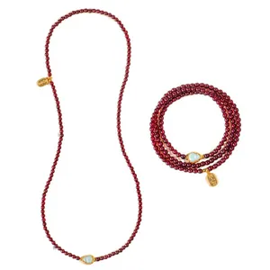 Set gioielli in granato naturale 4mm con ciondolo a zucca di giada e targhetta dorata