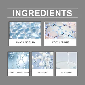 Detailed view of car glass repair kit ingredients including UV resin and polyurethane