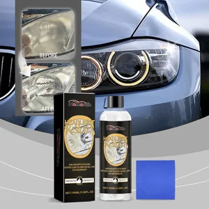 Professionelles Scheinwerfer-Aufbereitungsset für Autos mit 100 ml Flüssigkeit und Reinigungstuch.
