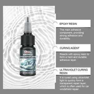 Detail of windshield crack repair liquid ingredients: epoxy, curing agent, and UV resin