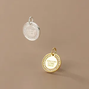S925 sterling silver coin pendant engraved with Dreams Come True and micro-set crystals