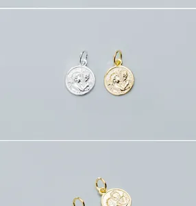 S925 Sterling Silver Gold Plated Angel Relief Round Pendant DIY Jewelry Accessory