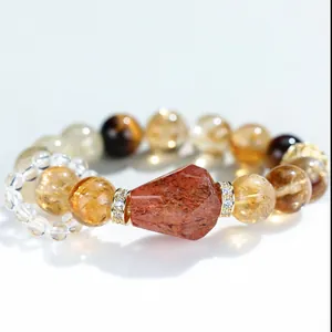 Elegante pulsera de cuentas de citrino natural y cuarzo fresa con detalles dorados