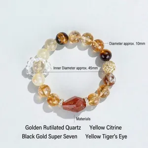 Pulsera de cuentas de citrino natural y cuarzo rutilado con ojo de tigre para mujer