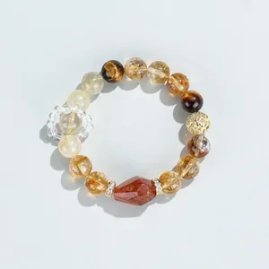 Pulsera de cuentas de citrino natural y cuarzo rutilado con ojo de tigre y aleación