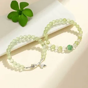 Elegant prehnite and green strawberry crystal beaded bracelet set with floral charms