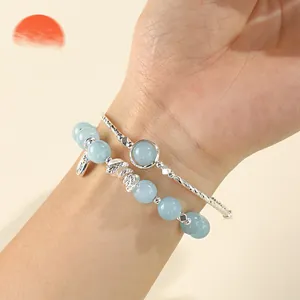 Handmade elegant aquamarine beaded bracelet with silver bangle set for women's fashion jewelry