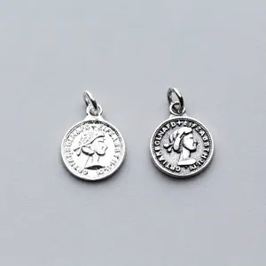 S925 Sterling Silver Vintage Queen Coin Pendant Round Plate Charm For DIY Bracelet Necklace Jewelry Making Accessory