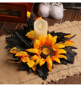 Corona portavelas rústica de girasol para Halloween con hojas negras de otoño y vela LED