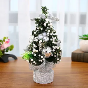 Mini albero di Natale da 20cm decorazione da tavolo con fiocchi argento e bacche bianche chic