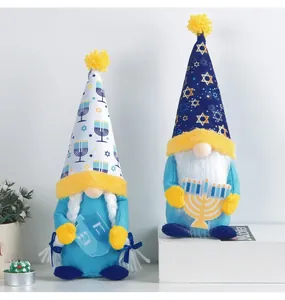 Two Hanukkah gnomes featuring blue hats with Menorah and Star of David patterns