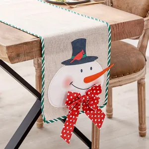 Christmas linen table runner with cute snowman and red polka dot bow decoration