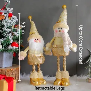 Poupées de Noël Père Noël et Bonhomme de neige dorées avec jambes télescopiques, 60 cm
