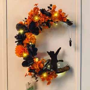 Ghirlanda Gatto Luna Halloween LED Arancione Nero Floreale Decorazione Porta per Esterni Giardino Festa Casa
