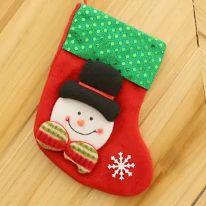 Close-up of red felt Christmas stocking with green sequins and a cute 3D snowman detail
