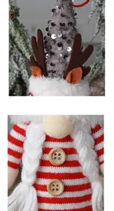 Macro detail of a Christmas gnome doll showing knitted stripes and wooden buttons.