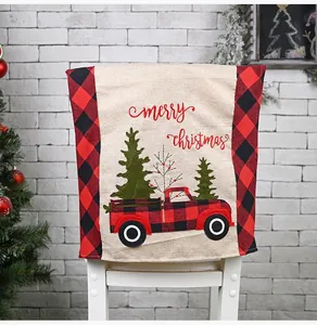 Festive Christmas chair cover with red plaid truck design and Merry Christmas greeting