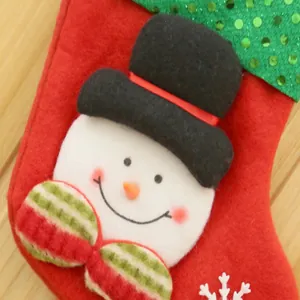 Detail of a Christmas stocking featuring a plush snowman applique with sequin accents