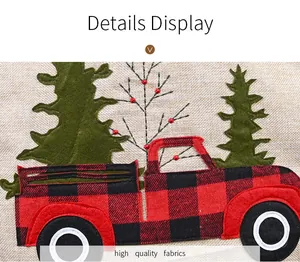Close-up of high-quality Christmas chair cover with plaid truck appliqué detail