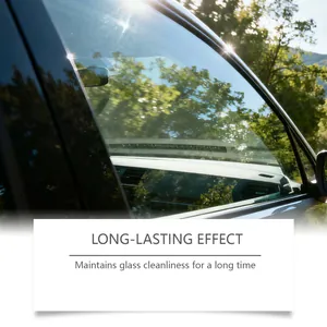 Close-up detail of a clean car window glass showing the long-lasting oil film remover effect