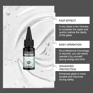 Macro view of windshield repair resin bottle explaining fast effect and easy operation.