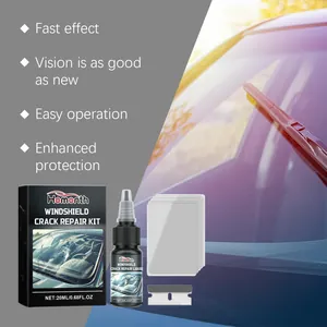 Detailed view of Homonth windshield crack repair kit including liquid, films, and blade
