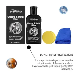 Details des Metall-Poliersets mit Flasche, Applikatorschwamm und Mikrofasertuch