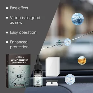 Detailed windshield repair kit view with resin bottle, curing strips, and scraper tool