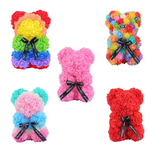 Handmade rose bears made of PE foam flowers in multiple colors for Valentine's gifts.