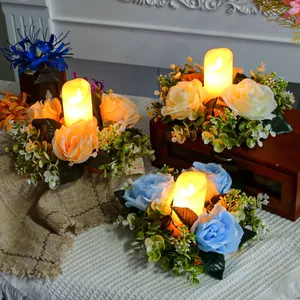 Simulation Artificial Rose Flower Candle Holder Wreath Decorative Floral Centerpiece For Dining Table Living Room Home Party Atmosphere